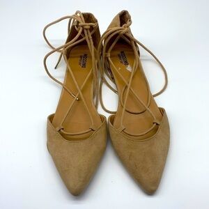 Mossimo Supply Co.- Tan Suede Like Lace Up Ankle Flats Size 7.5